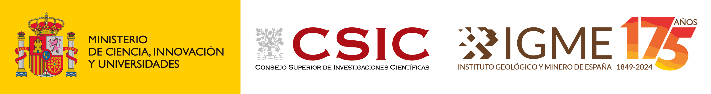 Logo Ministerio de Ciencia, Innovación y Universidades + Logo CSIC + logo IGME 175 Aniversario.